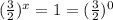 (\frac{3}{2})^{x}=1=(\frac{3}{2})^{0}