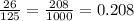 \frac{26}{125}= \frac{208}{1000} =0.208