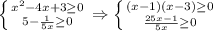 \left \{ {{ x^{2} -4x+3 \geq 0} \atop { 5- \frac{1}{5x} } \geq 0}} \right. \Rightarrow \left \{ {{(x-1)(x-3) \geq 0} \atop { \frac{25x-1}{5x} \geq 0}} \right.