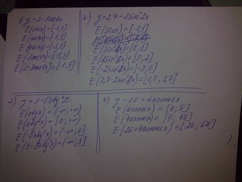 Найти множество значений функции: y=2-3cos4x y=2,7-2sin^2 x y=3-5ctg^2 x y=2п+4arccos x