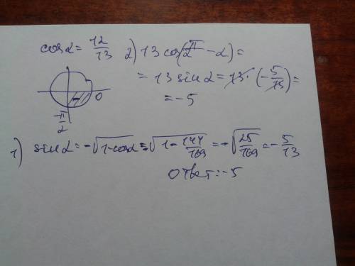 Вычислите значение выражения 13 соs(п/2-a), если cos a= 12/13 и a принадлежит (-п/2; 0)