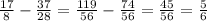 \frac{17}{8}- \frac{37}{28} = \frac{119}{56}- \frac{74}{56} = \frac{45}{56} = \frac{5}{6}