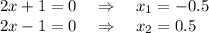 2x+1=0~~~\Rightarrow~~~ x_1=-0.5\\ 2x-1=0~~~\Rightarrow~~~ x_2=0.5