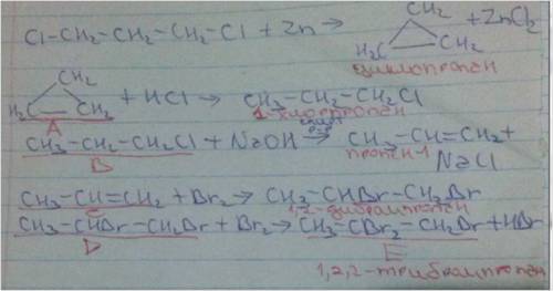 Цепочку решить : 1,3-дихлорпропан(+zn) --> a (+hcl) --> b (+naoh) (c2h5oh) --> c(+br) (h2o)