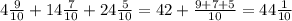 4 \frac{9}{10}+14 \frac{7}{10}+24 \frac{5}{10}=42+ \frac{9 +7+5}{10}= 44 \frac{1}{10}