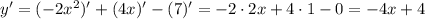 y'=(-2x^2)'+(4x)'-(7)'=-2\cdot2x+4\cdot1-0=-4x+4