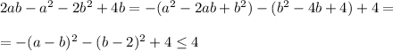 2ab - a^2 - 2b^2 + 4b=-(a^2-2ab+b^2)-(b^2-4b+4)+4=\\\\=-(a-b)^2-(b-2)^2+4 \leq 4