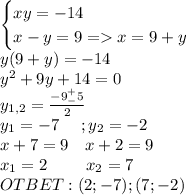 \begin{cases}xy=-14\\x-y=9=x=9+y\end{cases}\\y(9+y)=-14\\y^2+9y+14=0\\y_{1,2}=\frac{-9^+_-5}{2}\\y_1=-7\ \ \ \ ;y_2=-2\\x+7=9\ \ \ x+2=9\\x_1=2\ \ \ \ \ \ \ x_2=7\\OTBET:(2;-7);(7;-2)