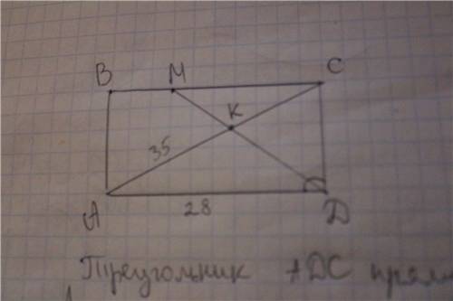 Впрямоугольнике abcd ad=28, диагональ ac=35, а биссектриса угла d пересекает вс в точке м, а диагона