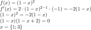 f(x)=(1-x)^2\\f'(x)=2\cdot (1-x)^{2-1}\cdot (-1)=-2(1-x)\\(1-x)^2=-2(1-x)\\(1-x)(1-x+2)=0\\x=\{1;3\}