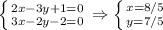 \left \{ {{2x-3y+1=0 } \atop {3x-2y-2=0}} \right. &#10;\Rightarrow&#10; \left \{ {{x=8/5 } \atop {y=7/5}} \right.