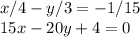 x/4-y/3 = -1/15 \\&#10;15x-20y+4=0