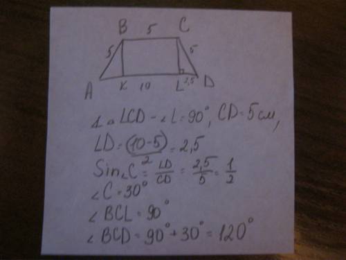 Втрапеции три стороны равны по 5см, а большее основание 10см. найдите градусную меру наибольшего угл
