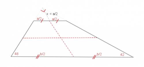 Углы при одном из оснований трапеции равны 48 и 42 а отрезки соединяющие середины противоположных ст