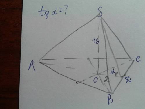 Высота правильной треугольной пирамиды равна 16, а высота её основанияравна 6. найдите тангенс угла