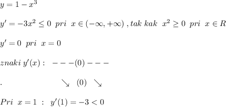 y=1-x^3\\\\y'=-3x^2\leq 0\; \; pri\; \; x\in (-\infty ,+\infty )\; ,tak\; kak\; \; x^2\geq 0\; \; pri\; \; x\in R\\\\y'=0\; \; pri\; \; x=0\\\\znaki\; y'(x):\; \; ---(0)---\\\\.\qquad \qquad \qquad \quad \searrow \; \; (0)\; \; \searrow \\\\Pri\; \; x=1\; :\; \; y'(1)=-3