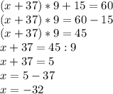 (x+37)*9+15=60 \\ (x+37)*9=60-15 \\ (x+37)*9=45 \\ x+37=45:9 \\ x+37=5 \\ x=5-37 \\ x=-32