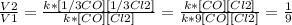 \frac{V2}{V1} = \frac{k*[1/3CO][1/3Cl2]}{k*[CO][Cl2]} =\frac{k*[CO][Cl2]}{k*9[CO][Cl2]}= \frac{1}{9}