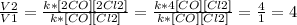 \frac{V2}{V1} = \frac{k*[2CO][2Cl2]}{k*[CO][Cl2]} =\frac{k*4[CO][Cl2]}{k*[CO][Cl2]}= \frac{4}{1} =4