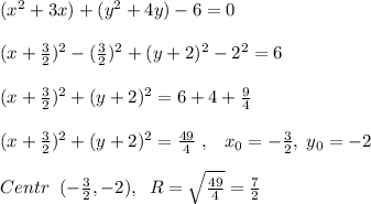 (x^2+3x)+(y^2+4y)-6=0\\\\(x+\frac{3}{2})^2-(\frac{3}{2})^2+(y+2)^2-2^2=6\\\\(x+\frac{3}{2})^2+(y+2)^2=6+4+\frac{9}{4}\\\\(x+\frac{3}{2})^2+(y+2)^2=\frac{49}{4}\; ,\; \; \; x_0=-\frac{3}{2},\; y_0=-2 \\\\Centr\; \; (-\frac{3}{2},-2),\; \; R=\sqrt{\frac{49}{4}}=\frac{7}{2}