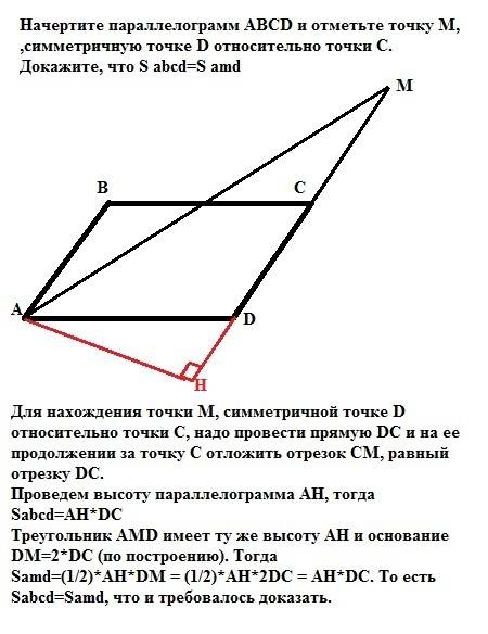 Начертите параллелограмм abcd и отметьте точку м,симметричную точке d относительно точки с .докажите