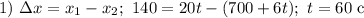 1) \ \Delta x = x_{1} - x_{2}; \ 140 = 20t - (700 + 6t); \ t = 60 \ \text{c}