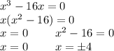 x^3-16x=0\\x(x^2-16)=0\\x=0\ \ \ \ \ \ \ x^2-16=0\\x=0\ \ \ \ \ \ \ x=\pm4