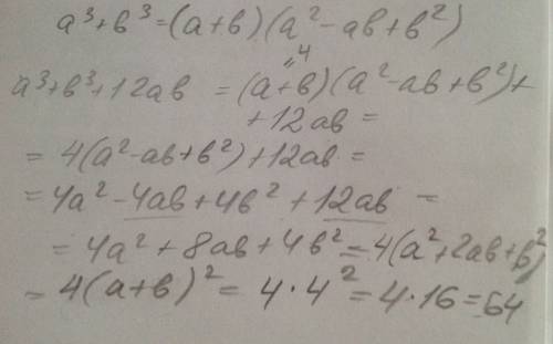Найдите значение выражения a3+b3+12ab, если известно ,что a+b=4 (a3-это a в кубе b3-это b в кубе)
