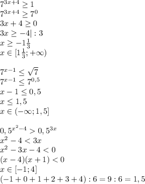 7^{3x+4} \geq 1\\7^{3x+4} \geq 7^0\\3x+4 \geq 0\\3x \geq -4|:3\\x \geq -1 \frac{1}{3}\\x\in[1 \frac{1}{3};+\infty)\\\\7^{x-1} \leq \sqrt{7}\\7^{x-1} \leq 7^{0,5}\\x-1 \leq 0,5\\x \leq 1,5\\x\in(-\infty;1,5]\\\\0,5^{x^2-4}0,5^{3x}\\x^2-4