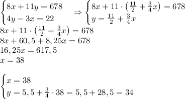 \begin{cases}8x+11y=678\\4y-3x=22\end{cases}\Rightarrow\begin{cases}8x+11\cdot\left(\frac{11}2+\frac34x\right)=678\\y=\frac{11}2+\frac34x\end{cases}\\8x+11\cdot\left(\frac{11}2+\frac34x\right)=678\\8x+60,5+8,25x=678\\16,25x=617,5\\x=38\\\\\begin{cases}x=38\\y=5,5+\frac34\cdot38=5,5+28,5=34\end{cases}