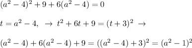 (a^2-4)^2+9+6(a^2-4)=0\\\\t=a^2-4,\; \; \to \; t^2+6t+9=(t+3)^2\; \to \\\\(a^2-4)+6(a^2-4)+9=((a^2-4)+3)^2=(a^2-1)^2