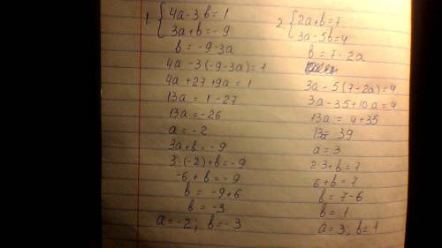 Решите систему уравнений 4a-3b=1 3a+b=-9. 2a+b=7 3a-5b=4