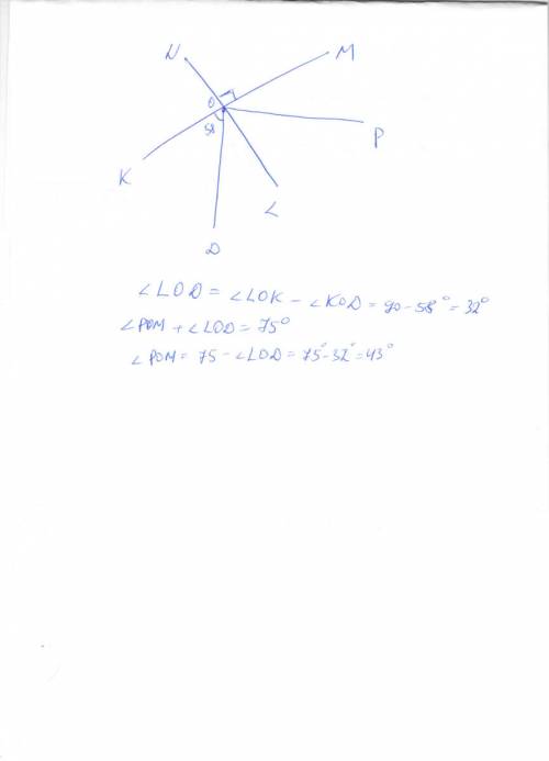 Прямые km и ln пересекаются в точке о, и причем km⊥ln.проведен луч od,который с лучом ok образует уг