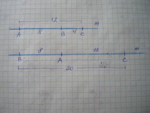 на прямой m отмечены точки a,b и c так, что ac=12 см. ab=8 см. какой может быть длина отрезка и еще