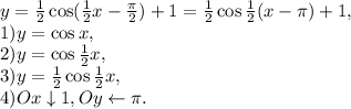 y= \frac{1}{2} \cos( \frac{1}{2} x- \frac{\pi}{2})+1=\frac{1}{2} \cos\frac{1}{2}(x- \pi)+1, \\ 1) y=\cos x, \\ 2) y=\cos\frac{1}{2}x, \\ 3) y=\frac{1}{2}\cos\frac{1}{2}x, \\ 4) Ox\downarrow1,Oy\leftarrow\pi.
