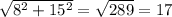 \sqrt{8^2+15^2}=\sqrt{289}=17