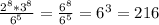 \frac{ 2^{8} * 3^{8} }{ 6^{5} } = \frac{ 6^{8} }{ 6^{5} } = 6^{3} = 216