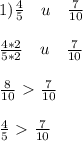 1)\frac{4}{5} \quad u\quad \frac{7}{10} \\ \\ \frac{4*2}{5*2}\quad u \quad \frac{7}{10} \\ \\ \frac{8}{10}\ \textgreater \ \frac{7}{10} \\ \\ \frac{4}{5}\ \textgreater \ \frac{7}{10}