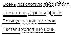 Полный разбор предложения: осень позолотила леса и поля. пожелтели деревья в лесу. потянул лёгкий ве