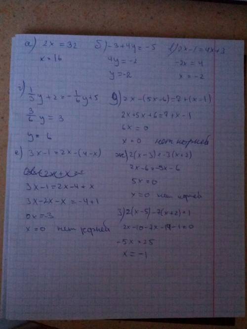 ответы я знаю ,но не уверена ( а)2х-5=27 б)-3+4у=-5 в)2х-1=4х+3 г)1/3у+2=-1/6у+5 д)2х-(5х-6)=7+(х-1)
