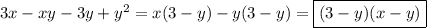 3x-xy-3y+y^2=x(3-y)-y(3-y)=\boxed{(3-y)(x-y)}