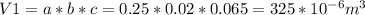 V1=a*b*c=0.25*0.02*0.065=325*10 ^{-6} m ^{3}