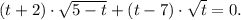(t+2)\cdot\sqrt{5-t}+(t-7)\cdot \sqrt{t}=0.
