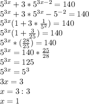 5^{3x}+3*5^{3x-2}=140\\&#10;5^{3x}+3*5^{3x}-5^{-2}=140\\&#10;5^{3x}(1+3* \frac{1}{5^2})=140\\&#10;5^{3x}(1+ \frac{3}{25})=140\\&#10;5^{3x}*( \frac{28}{25})=140\\&#10;5^{3x}=140* \frac{25}{28}\\&#10;5^{3x}=125\\&#10;5^{3x}=5^3\\&#10;3x=3\\&#10;x=3:3\\&#10;x=1