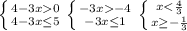 \left \{ {{4-3x0} \atop {4-3x \leq 5}} \right. \left \{ {{-3x-4} \atop {-3x \leq 1}} \right. \left \{ {{x< \frac{4}{3} } \atop {x \geq - \frac{1}{3} }} \right.