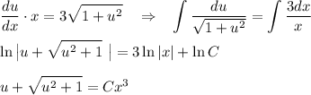 \displaystyle \frac{du}{dx}\cdot x=3\sqrt{1+u^2}~~~\Rightarrow~~ \int\frac{du}{\sqrt{1+u^2}}=\int\frac{3dx}{x}\\ \\ \ln\big|u+\sqrt{u^2+1}~\big|=3\ln |x|+\ln C\\ \\ u+\sqrt{u^2+1}=Cx^3