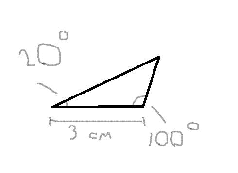 Постройте треугольник,одна сторона которого равна 3 см ,а углы, прилежащие к этой стороне,-100 и 20