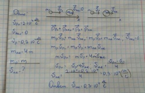 Протон, движущийся соскоростью 2*10^4 м/с, столкнулся с неподвижным ядром атома гелия. рассчитайте с