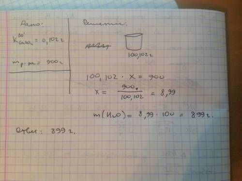 Коэффициент растворимости сульфата кальция при 80*с равен 0,102 г. расчитайте массу воды, необходиму