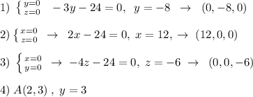 1)\; \left \{ {{y=0} \atop {z=0}} \right. \; \; -3y-24=0,\; \; y=-8\; \; \to \; \; (0,-8,0)\\\\2) \left \{ {{x=0} \atop {z=0}} \right. \; \to \; \; 2x-24=0,\; x=12,\; \to \; (12 ,0,0)\\\\3)\; \left \{ {{x=0} \atop {y=0}} \right. \; \to \; -4z-24=0,\; z=-6\; \to \; \; (0,0,-6)\\\\4)\; A(2,3)\; ,\; y=3